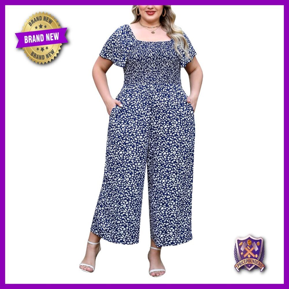 Plus Size Jumpsuit with Ruffle Sleeves Smocked Waist Pockets Summer Casual